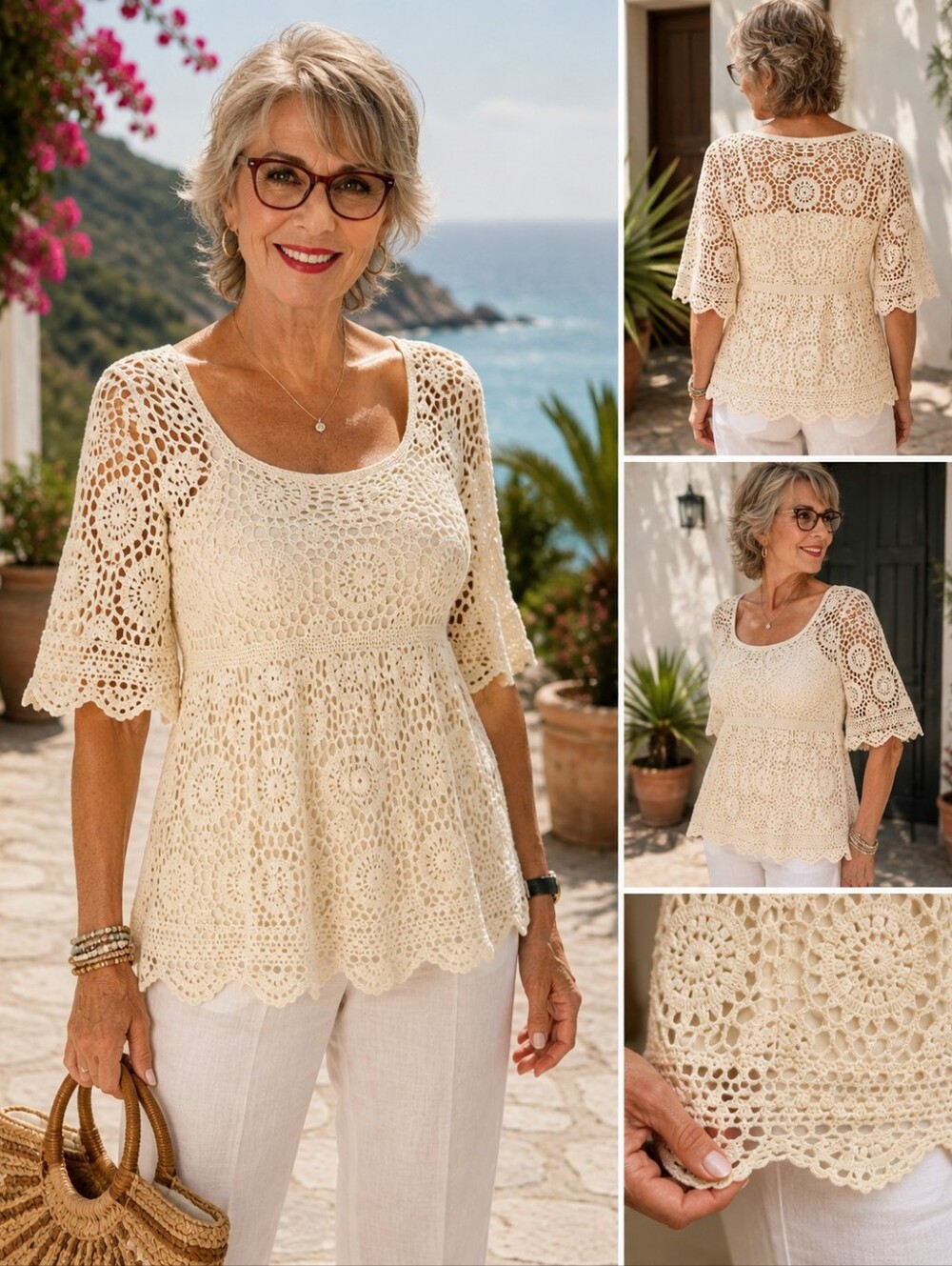 INC International Concepts NWT Ivory Crochet Medallion Tunic Top Small